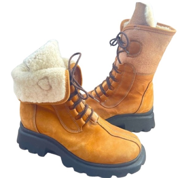 ALDO TAN SHERLING WOOL LACE UP BOOTS SIZE 39 MADE IN ITALY BLOCK HEELS - Picture 3 of 17